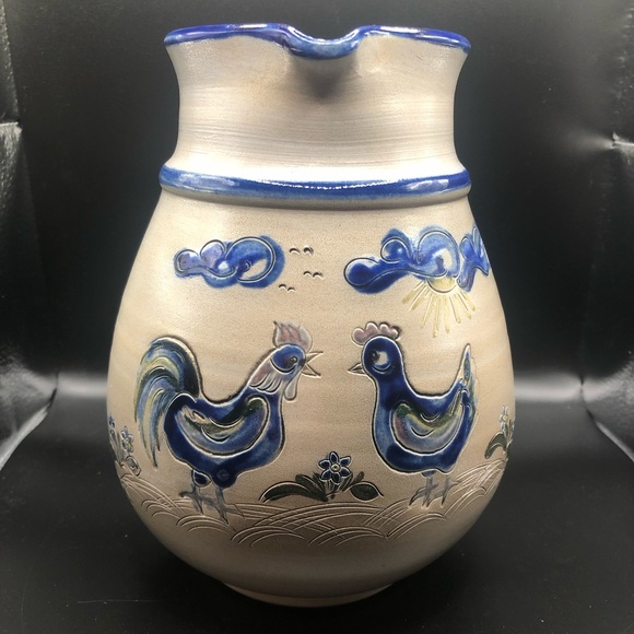 Other - Henrichs Klauer Signed Salt Glazed Pottery Colbalt Blue Rooster Hen Pitcher